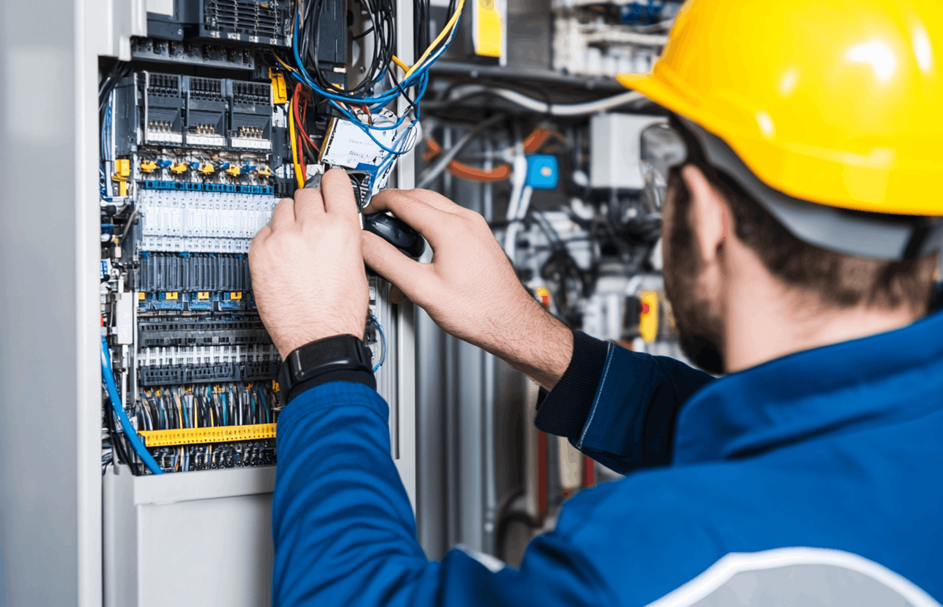 Électricien au travail sur un tableau électrique